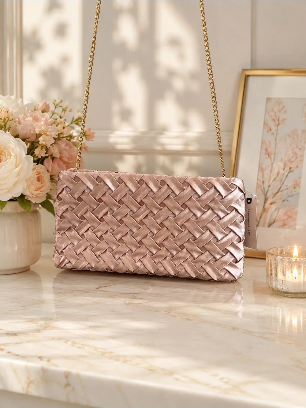 Anthropologie woven satin clutch features a braided design & removable chain NWT